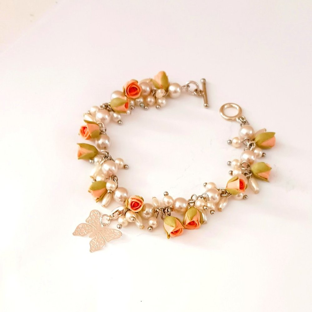 Peach Flower & Pearl Bracelet 7.5" Silver Filigree Butterfly Artisan Made in USA